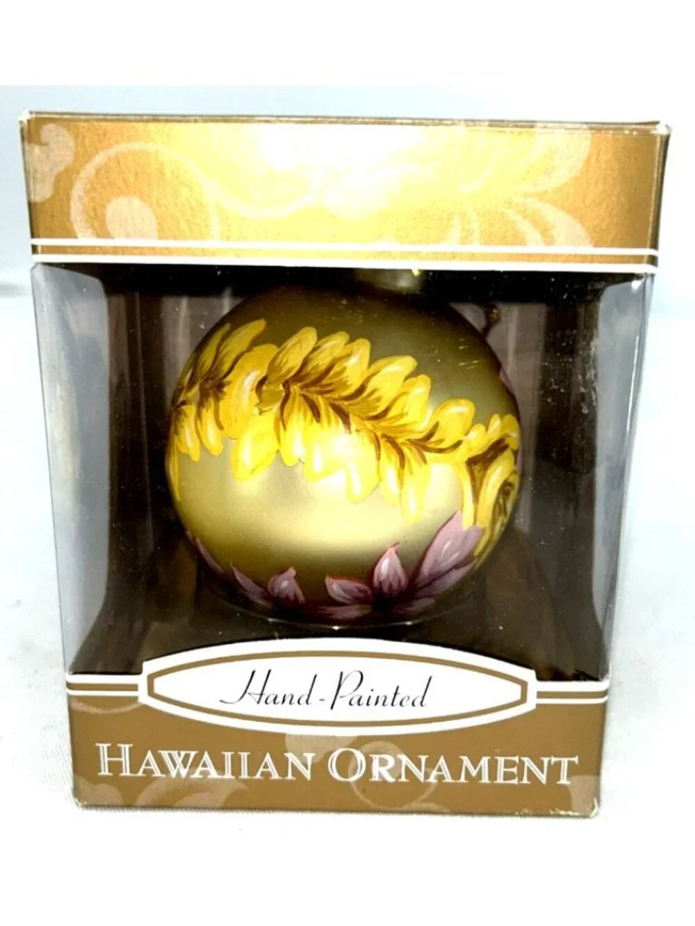 Plumeria Lei Gold Hawaiian Christmas Ornament Hand Painted Glass with Box FLAW